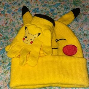 Yellow, red, & black Pikachu  Hat & Gloves Set (osfm)(new)